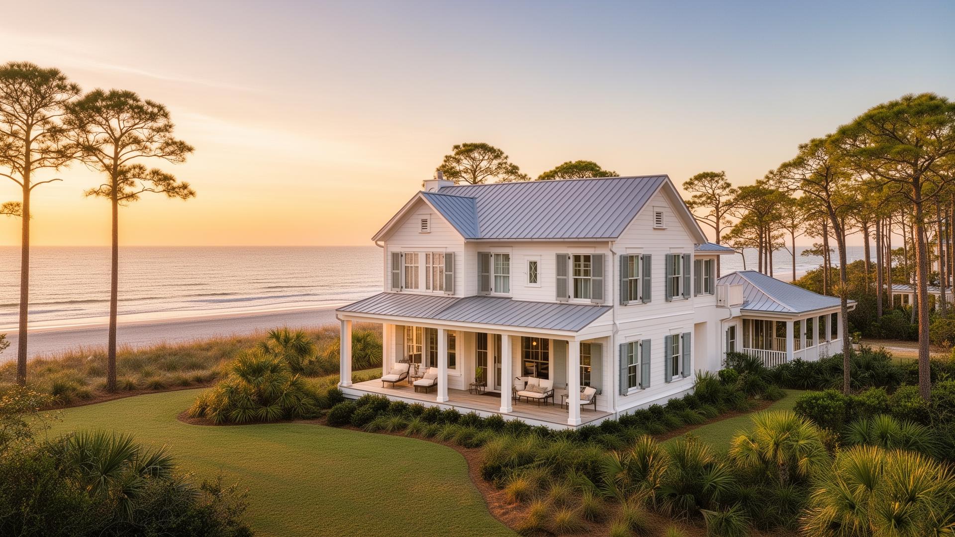 Piney Shores waterfront beach house at golden hour